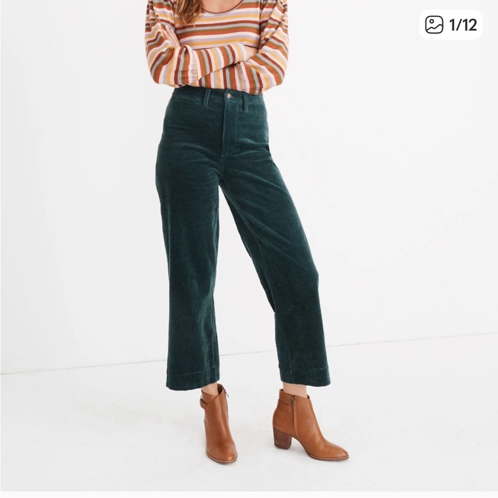 Madewell Slim Emmett Wide-Leg Crop Forest Green Corduroy Pants 25